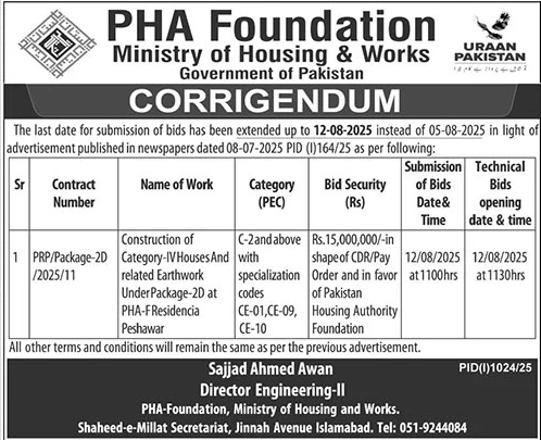 PHA Foundation Ministry of Housing & Works Islamabad Tender Notice